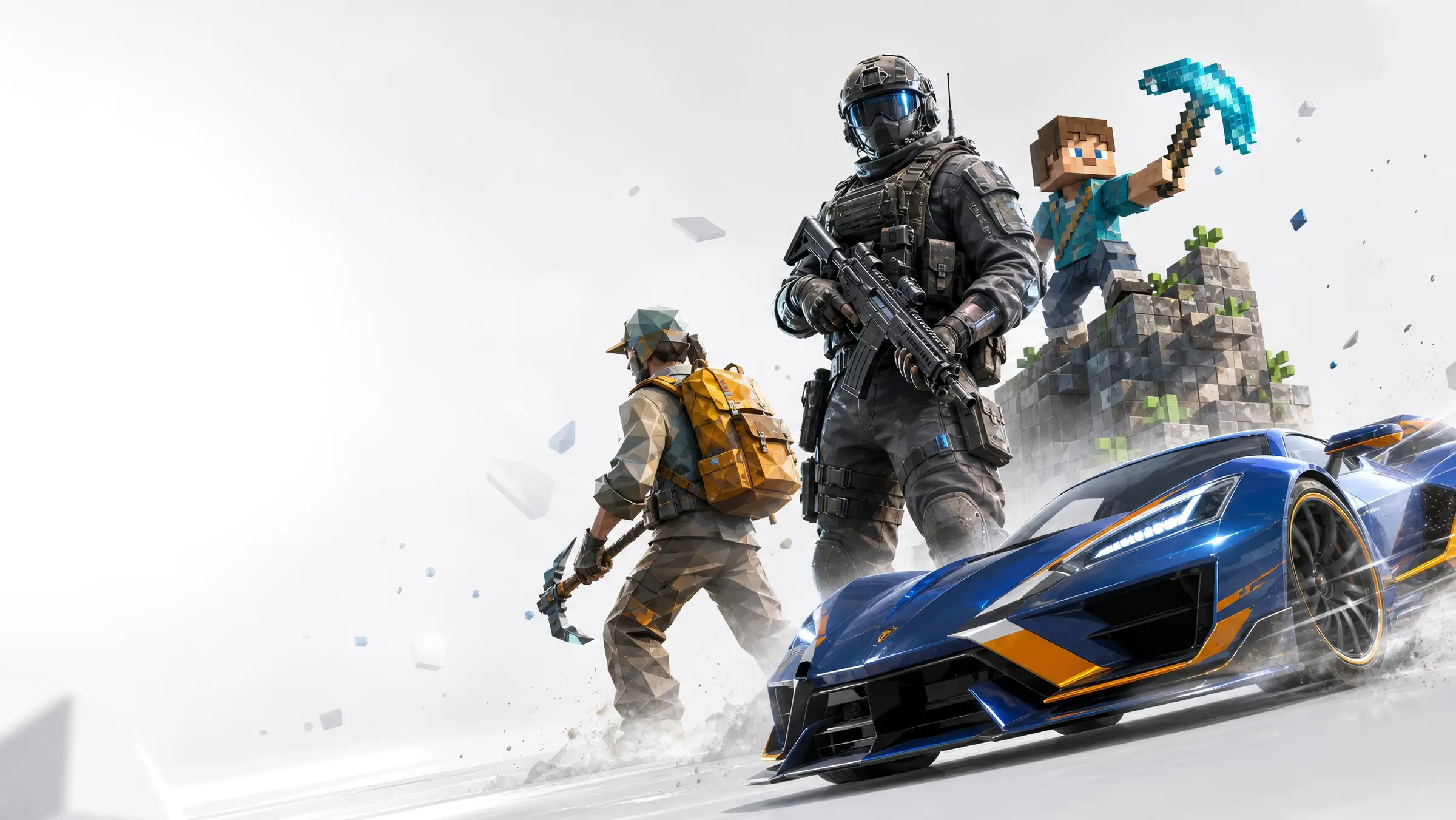Four game assets in different art styles - a low-poly explorer, a photoreal soldier, a voxel character, and a hard-surface supercar.
