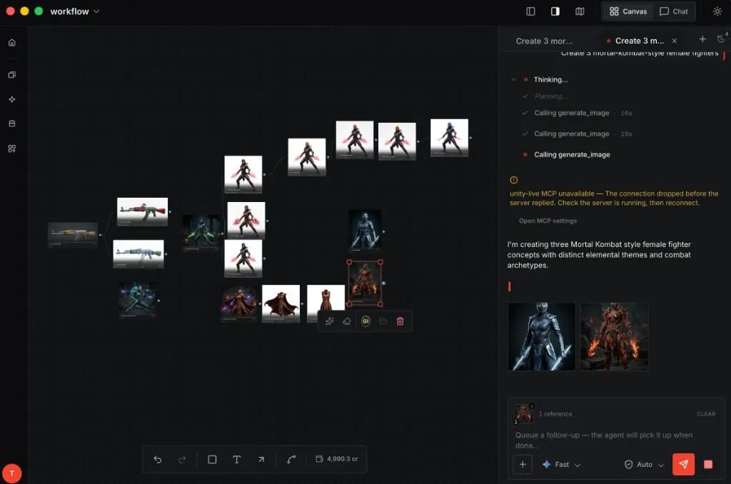 Mortal Kombat fighter concepts on the Artyx node canvas with the agent sidebar.