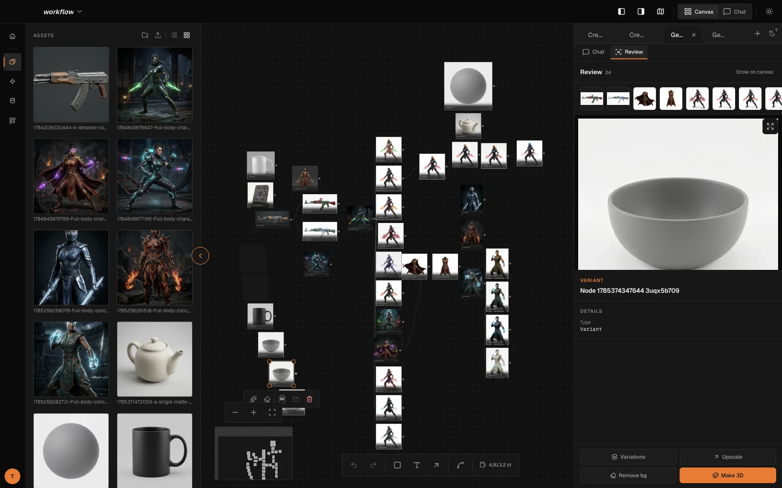 Artyx Desktop with the Assets rail, node canvas, and Review panel open.